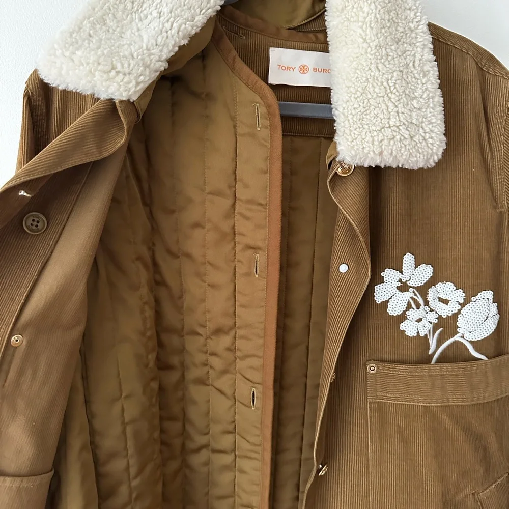 Gorgeous Tory Burch Brown Corduroy Jacket with White Floral Details - Picture 9 of 12